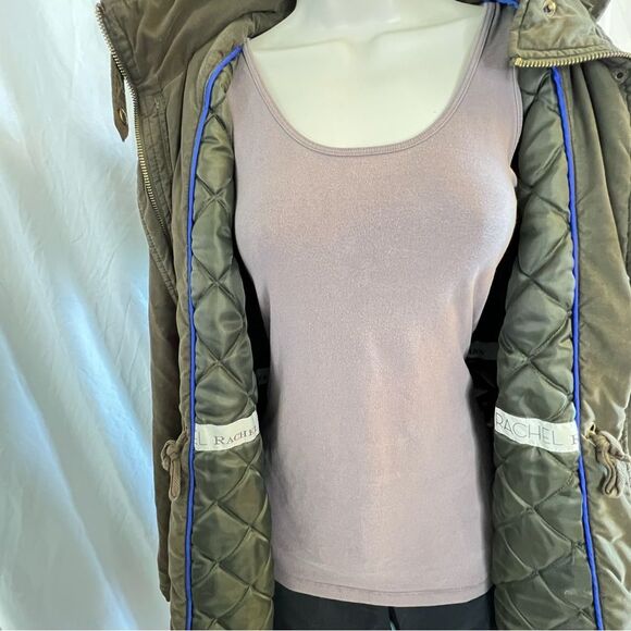 Olive Green Winter Coat ~ Rachel Roy ~ Fur Trim Hooded Jacket ~ Women’s M ~ EUC - Picture 7 of 13